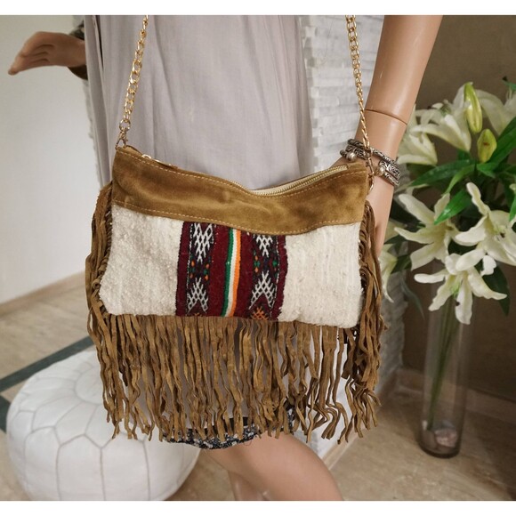 Moroccan Handira Suede Leather Fringe Clutch Bag Kilim Purse - Picture 1 of 10
